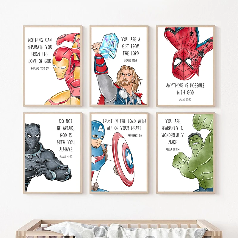 

Superheroes With Bible Verses Art Prints Watercolor Cartoon Posters Spider Man Iron Man Diamond Painting Boys Room Wall Decor