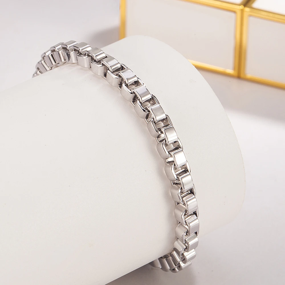 Simple Dainty 5mm 925 Sterling Silver Vintage Box Chain Bracelet Unisex Casual Daily Wear Fashion Accessory for Men & Women