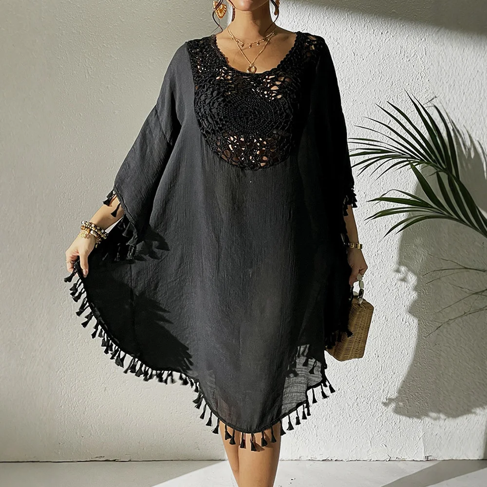 

Women's Smock All Season Fashion Decent Tassel Hook Flower Hollow Long Sleeve Scoop Neck Knee Length Daily Smock