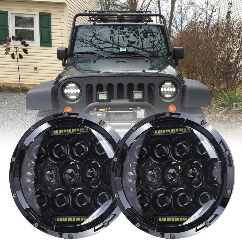 LED Headlight 7Inch Car Round Light with DRL Hi/Lo Beam Headlamp for Jeep Off Road Hummer Trucks Harley Jk TJ Moto 75W 1Pair