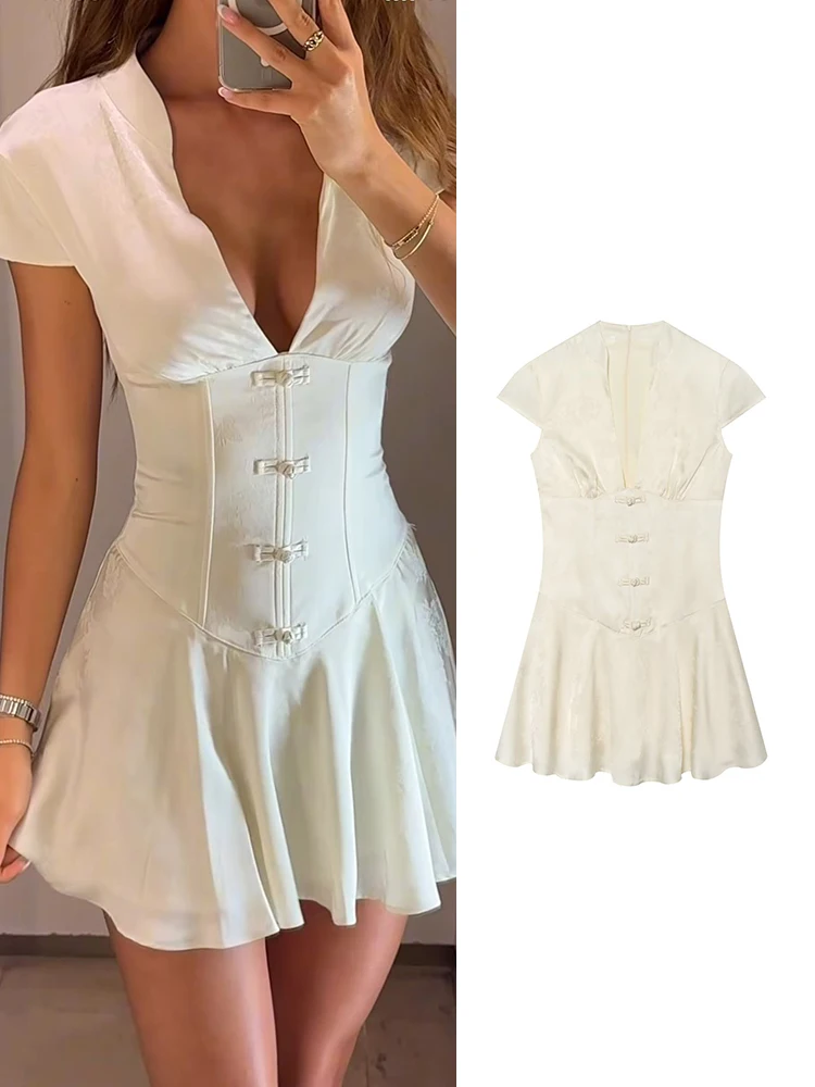 TFMLN Sexy Women V-Neck Short Sleeve Mini Dress Slim High Waist Elegant Vintage Casual Button Decoration Fashion Lady Dress