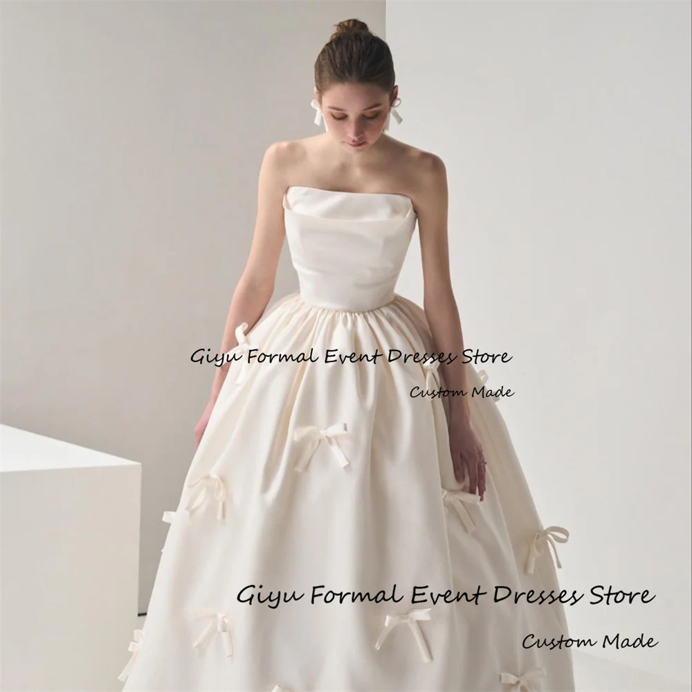 Giyu Simple Bow Vestidos Novias Boda Strapless Sleeveless Wedding Dress Photo Shoot Sweep Train Bridal Gown Robe De Mariée