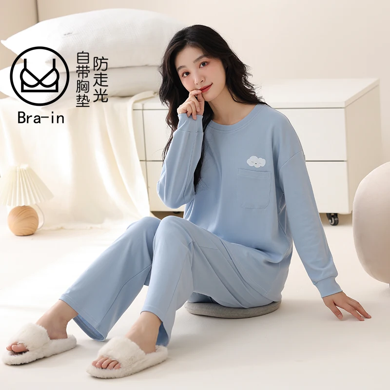 Big Size M-2XL Spring and Autumn Women 100% Cotton Pyjamas Female Long Sleeve Sleepwear With Chest Pad