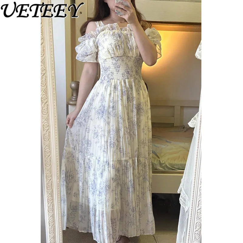 일본 달콤한 소녀 오프 숄더 프린트 서스펜더 드레스 하이 웨이스트 슬림 피팅 버블 반팔 플리츠 롱 드레스