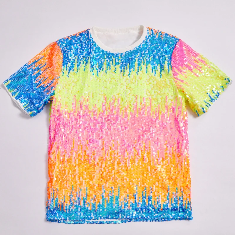 2025 Summer Fashion Multi-color Sequin Short Sleeve T-shirt for Women, Urban Individuality Trendy Shiny Women's Stage Costume