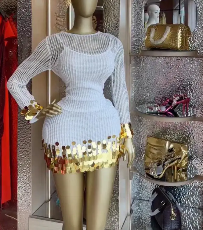 

2026 Spring New Women's Style Hollow Out Round Neck Splicing Glitter Slimming Strap Dress