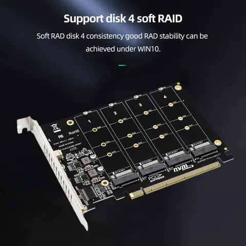 4 Port M.2 NVME SSD To PCIE X16 Adapter Converter Card 4X32Gbps PCIE Split/PCIE RAID Support 2230/2242/2260/2280 LED Indicator