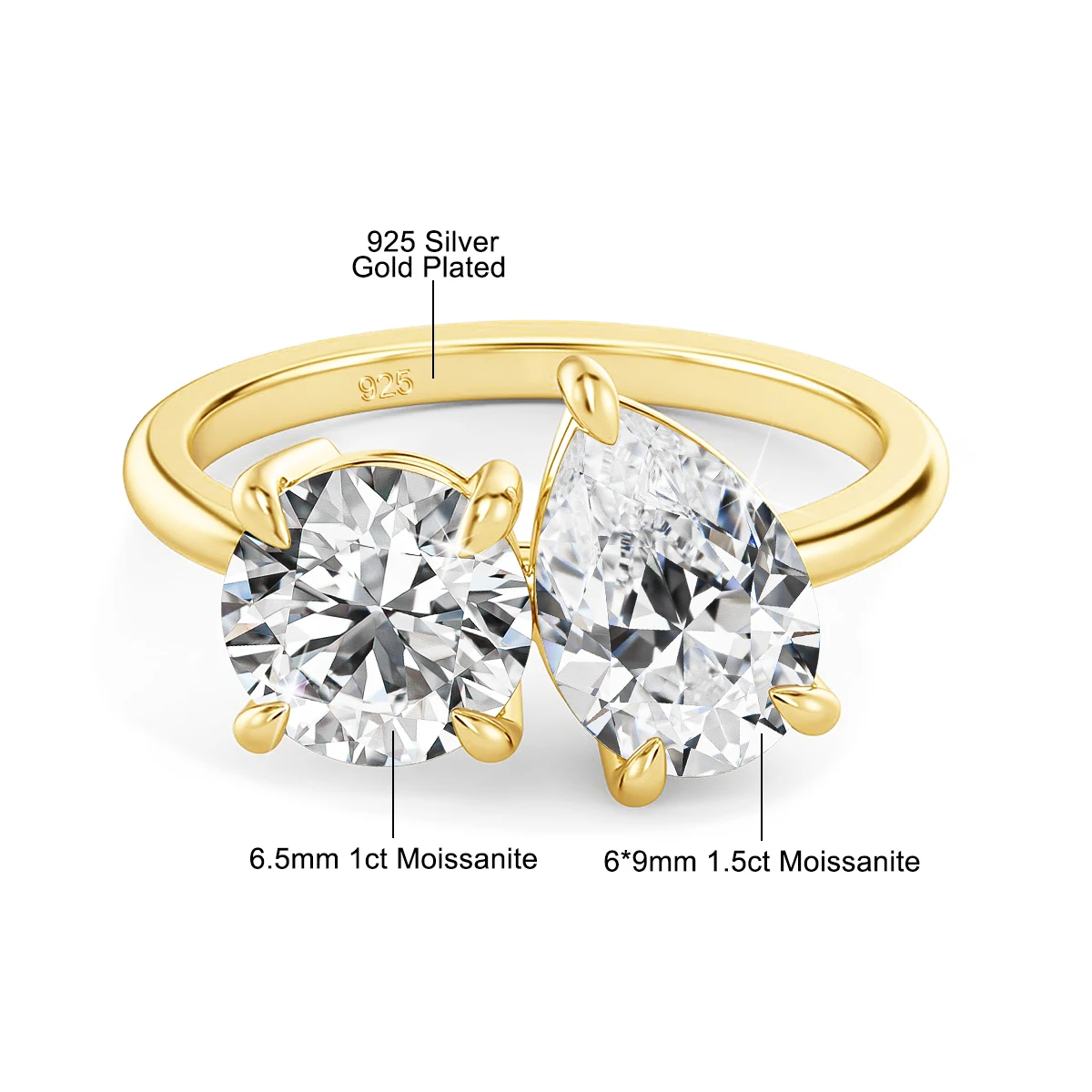 Runder Birnenförmiger Moissanit-Diamantring für Damen, Zweisteinige Eheringe, 925 Silber, 18k Vergoldet, Verlobungsschmuck – Detail 1