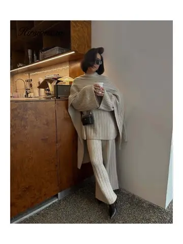 Hirsionsan Mjuka Eleganta Vintage Damkostymer 3 Delade Damset O-ringad Tröja & Vilda Benbyxor med Halsduk Stickad Träningsdräkt 6 best sales 3-delad träningsoverall - №2