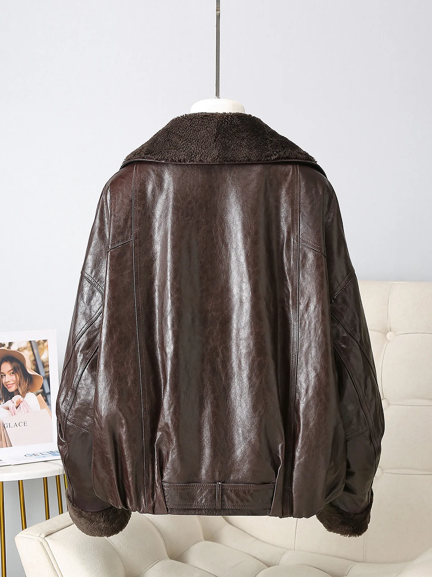 海寧レザージャケット グースダウンジャケット ファー一体型 ファーウールカラー レディース ショート丈 オイルワックスシープスキンジャケット