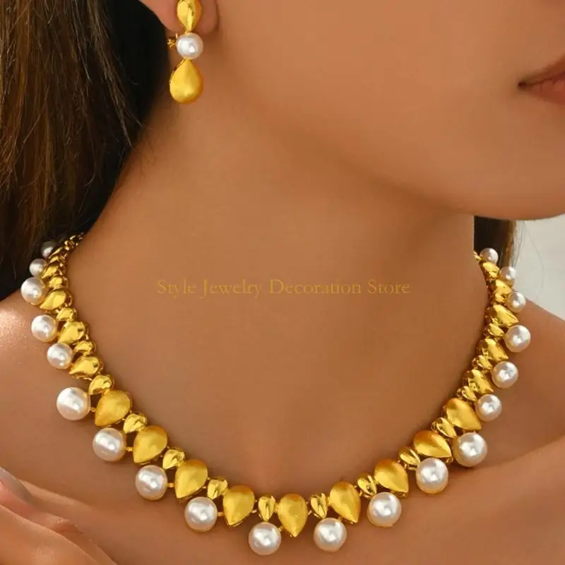 d46e اللؤلؤ سوار قلادة الأقراط حلقات المجوهرات مجموعة ملحقات عصرية