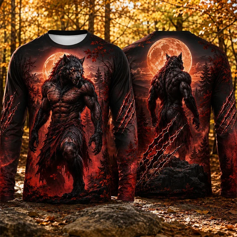 Men's 3D Double-sided Print Blood Moon Werewolf Forest Long Sleeve T-Shirt Dark Gothic Halloween Casual Novelty Streetwear Tops