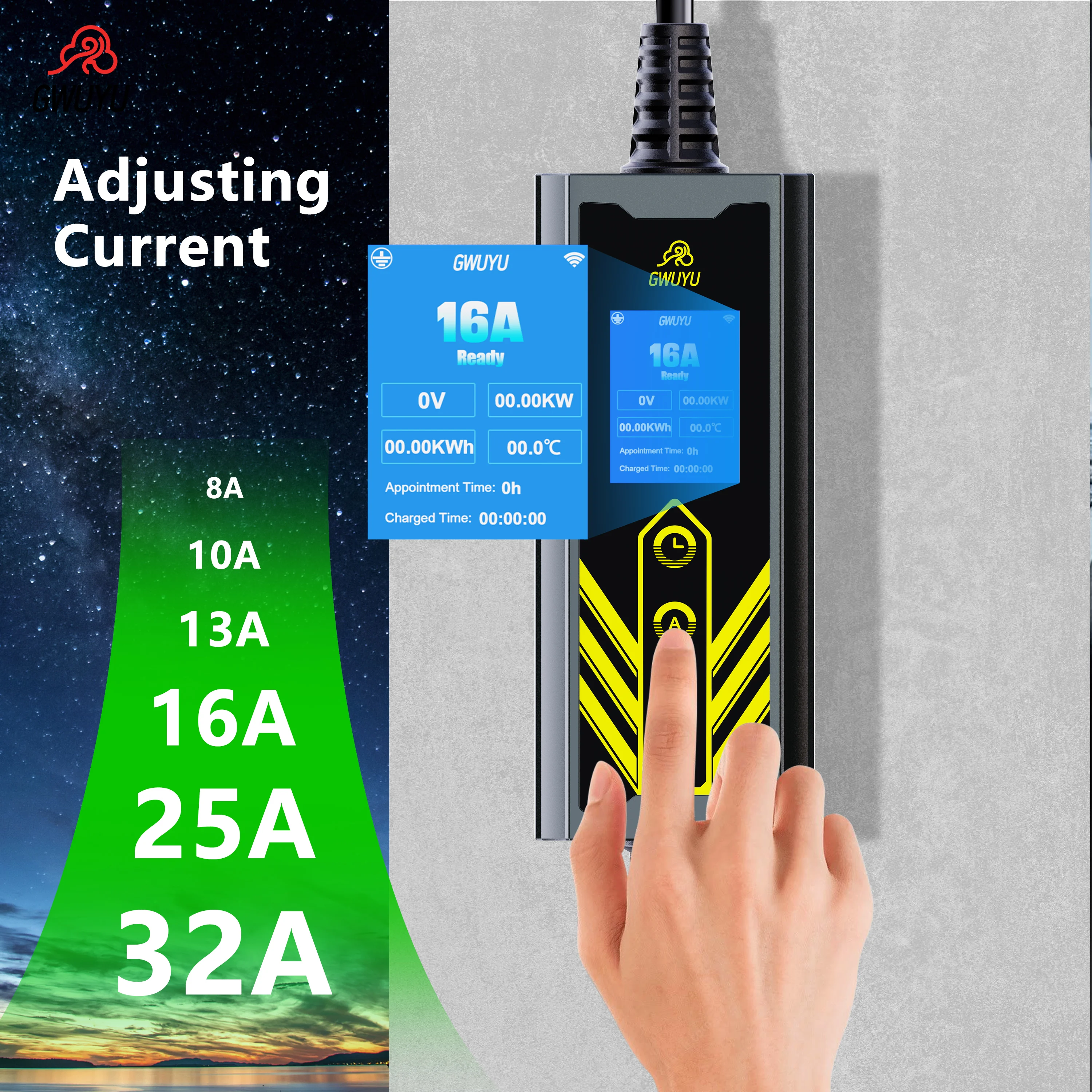 EV Charger แบบพกพา 32A 7.6KW 40A 9.6KW 110-240V ประเภท 1 ปลั๊ก 5 M ไฟฟ้ารถ Wallbox สถานีชาร์จ 2.8 นิ้วหน้าจอ