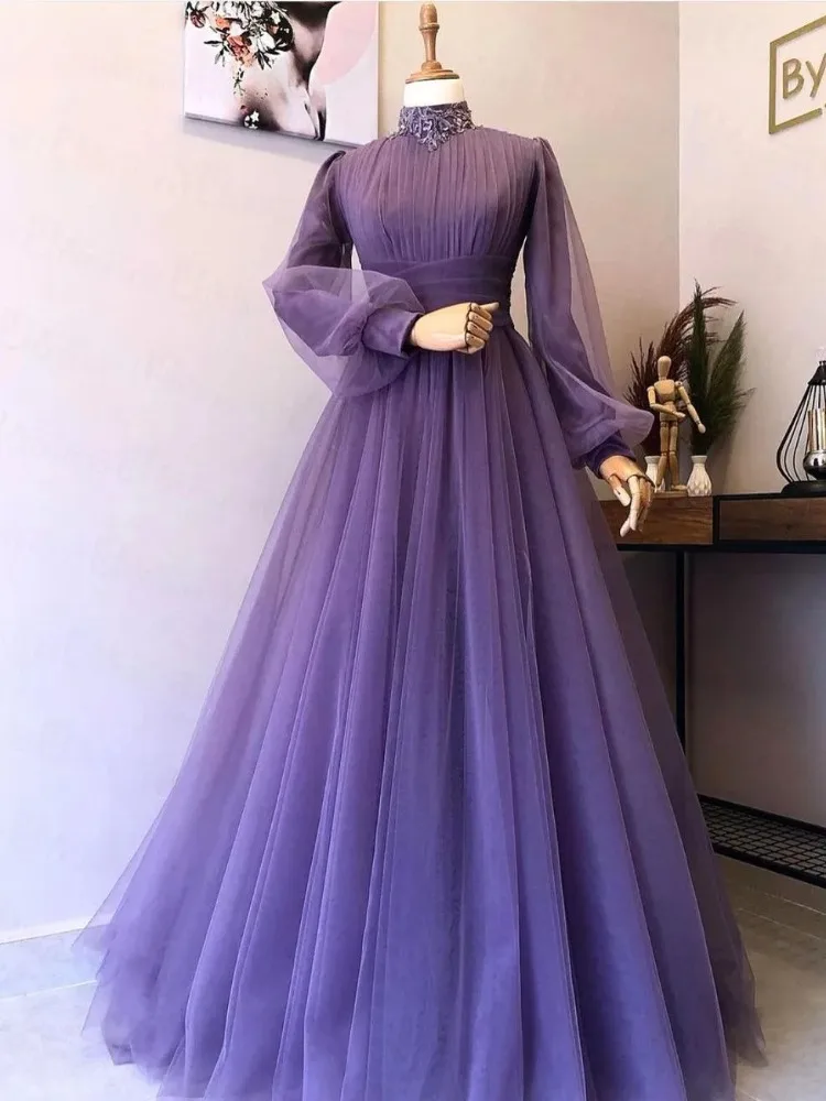 Lavanda alta pescoço a linha vestidos de noite muçulmano vintage tule mangas compridas formal vestidos de festa de baile plus size