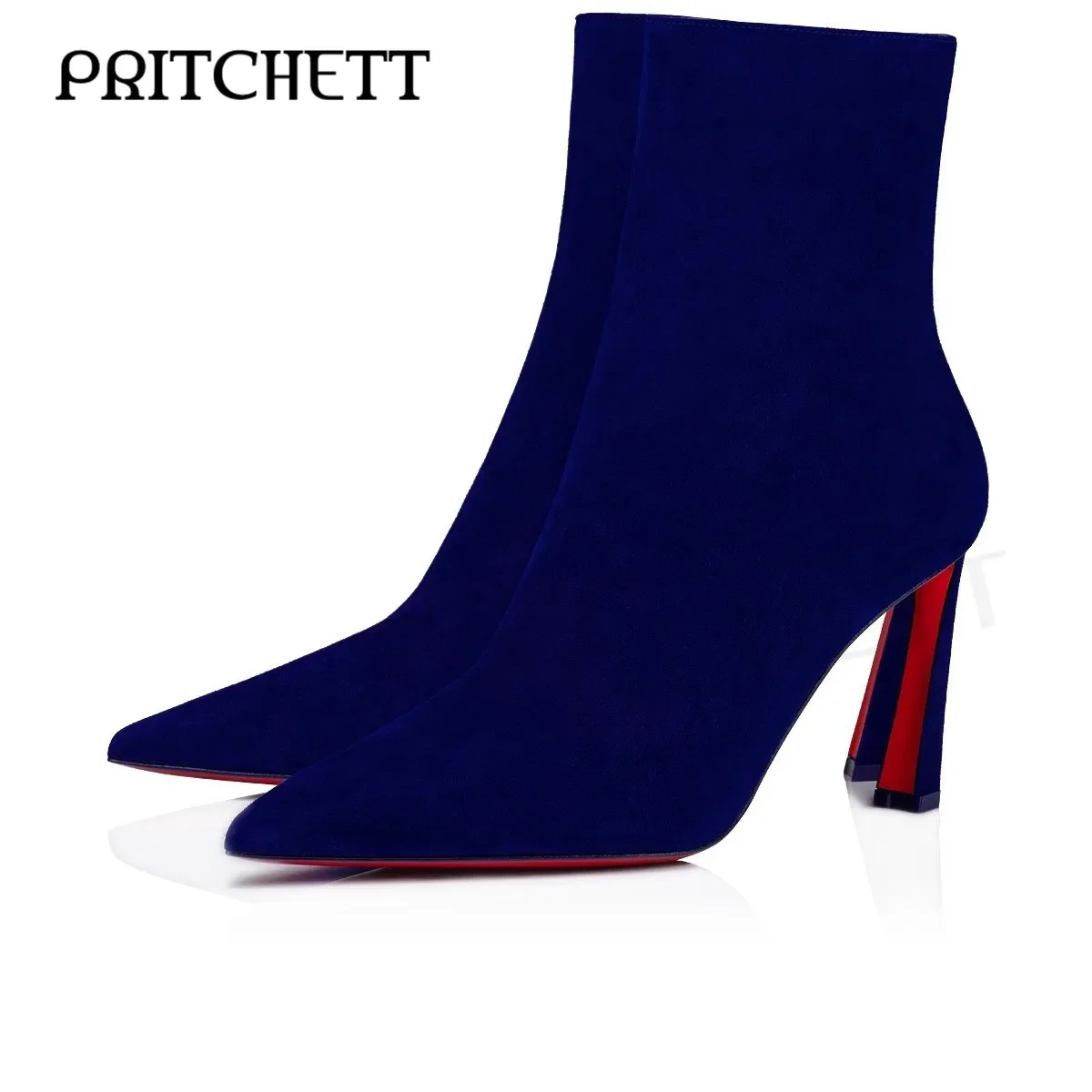 

Blue Suede Pointed Toe Short Boots Pull-On Style Stiletto Elastic Sexy Ankle Boots Temperament Fashion Women's Boots