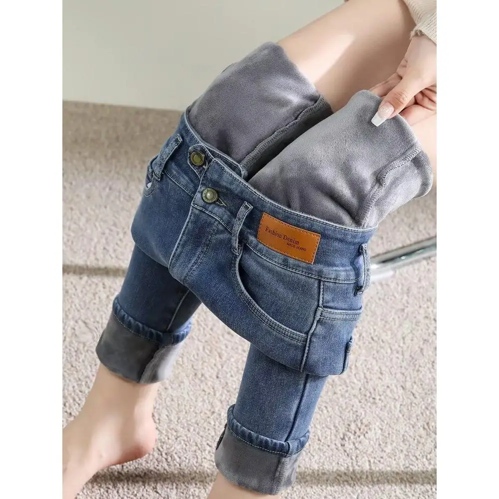 

High Waist Thiened Fce Women's Skinny Jeans Autumn Winter New Sle Casual Straight Leg Blue Denim Pants for Ladies