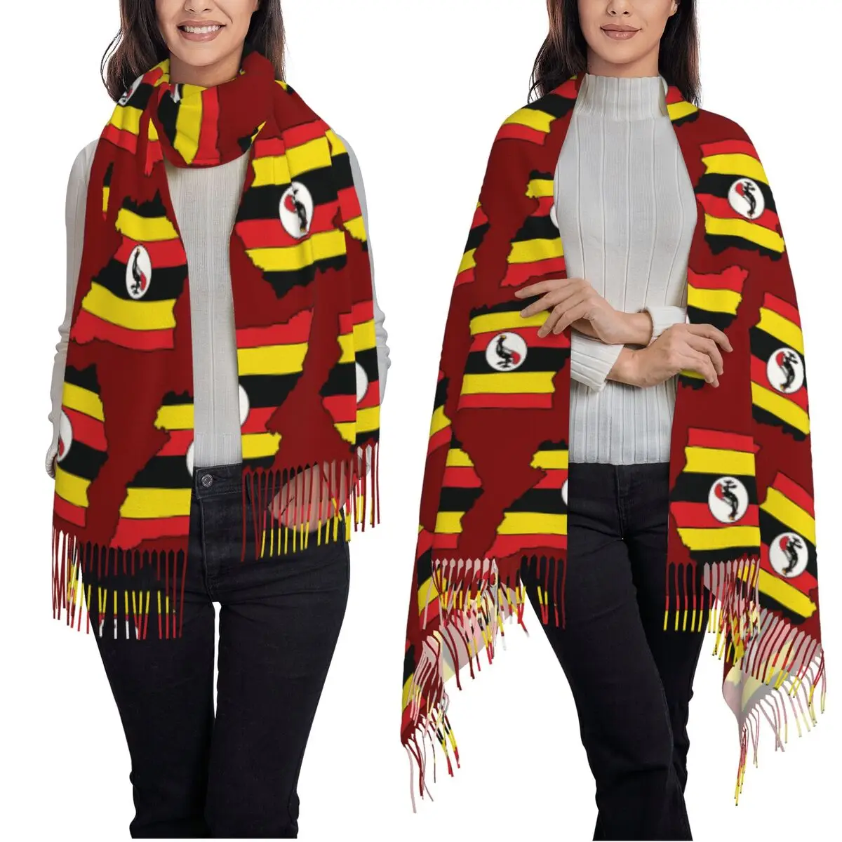 أوغندا البلد شكل العلم وشاح شرابة الأوشحة النساء لينة الدافئة شالات ويلتف طويل الخريف الشتاء شال التفاف