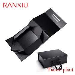 Custom Custom Branding Matte Black Magnetic Closure Paper Gift Box For Garments Ribbon Handle Rectangular Folding Clothing Packa