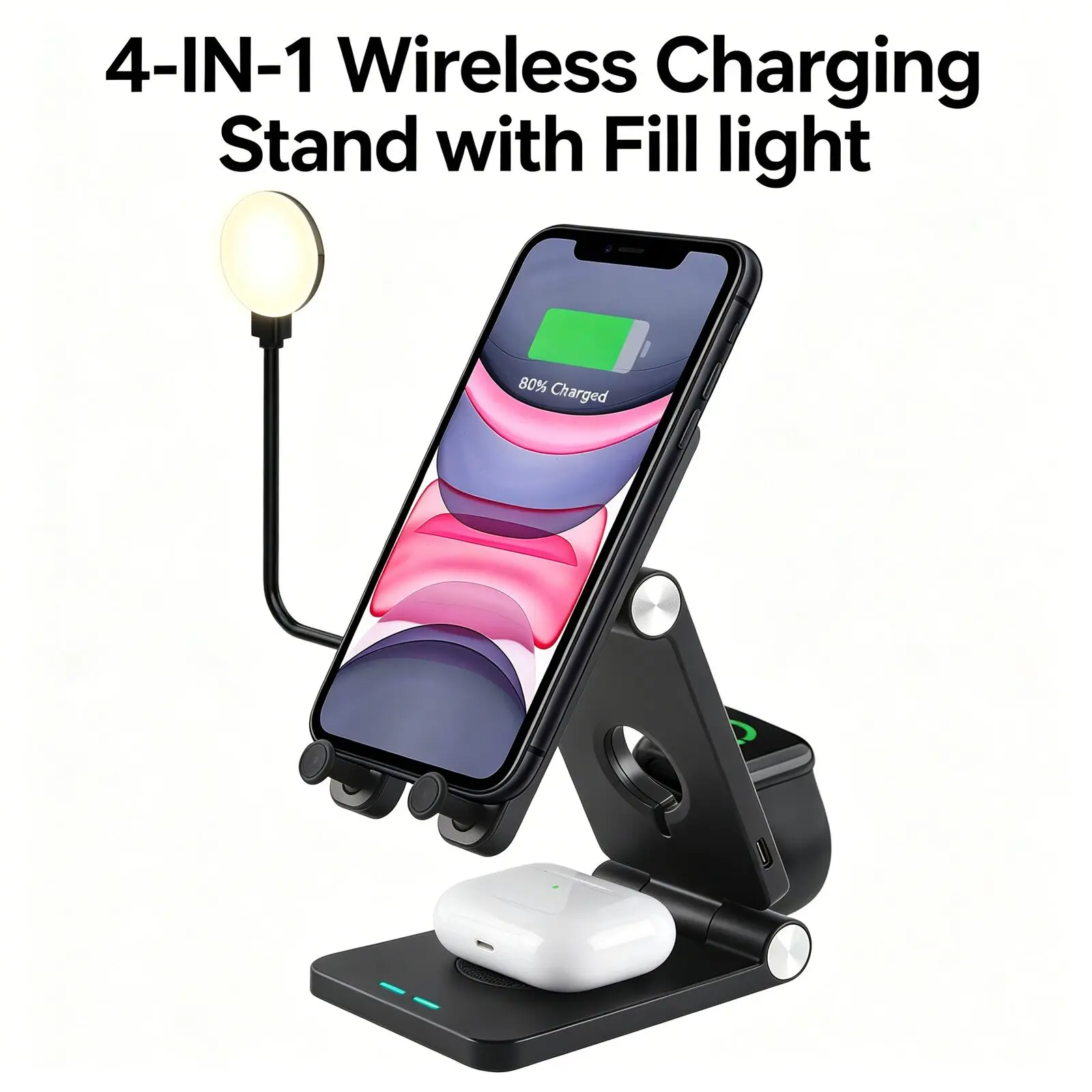 4-in-1 Wireless Charging Stand with Fill Light 15W Fast Charging Station for iPhone Apple Watch AirPods Foldable Phone Holder