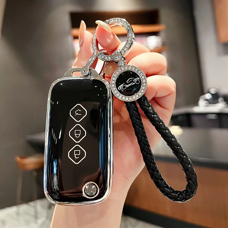 Deluxe Keychain Set for Wuling Xingguang/Xingchen, Glossy TPU Key Cover with Rhinestone Tag & Braided Rope, 3-Button Protector
