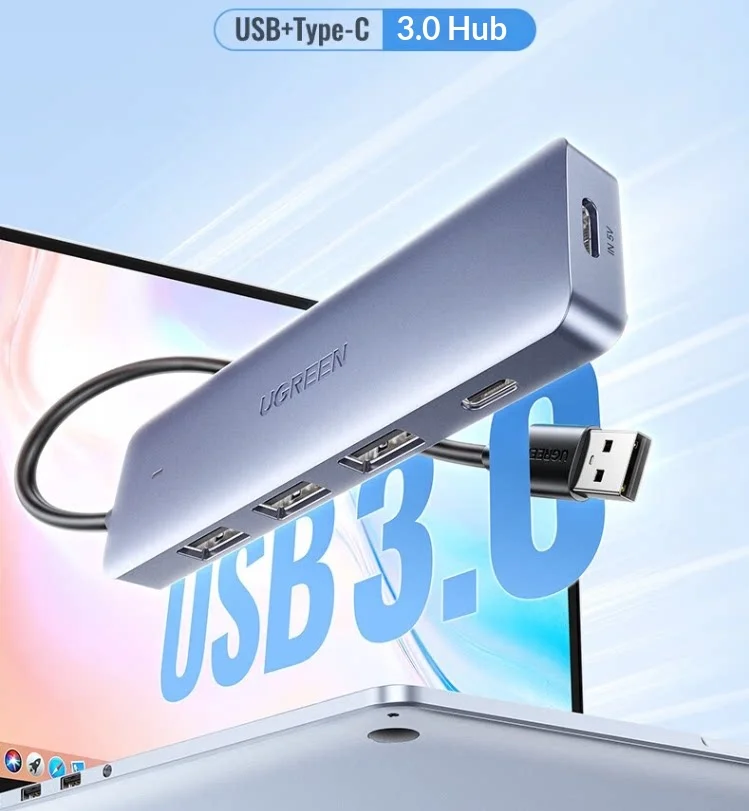 UGREEN 35210 USB 3.0 Hub 3 USB-A 1 USB-C 5Gbps Data Ports 0.2m Cable Type-C Power Input for Laptop Keyboard Mouse Hard Drive
