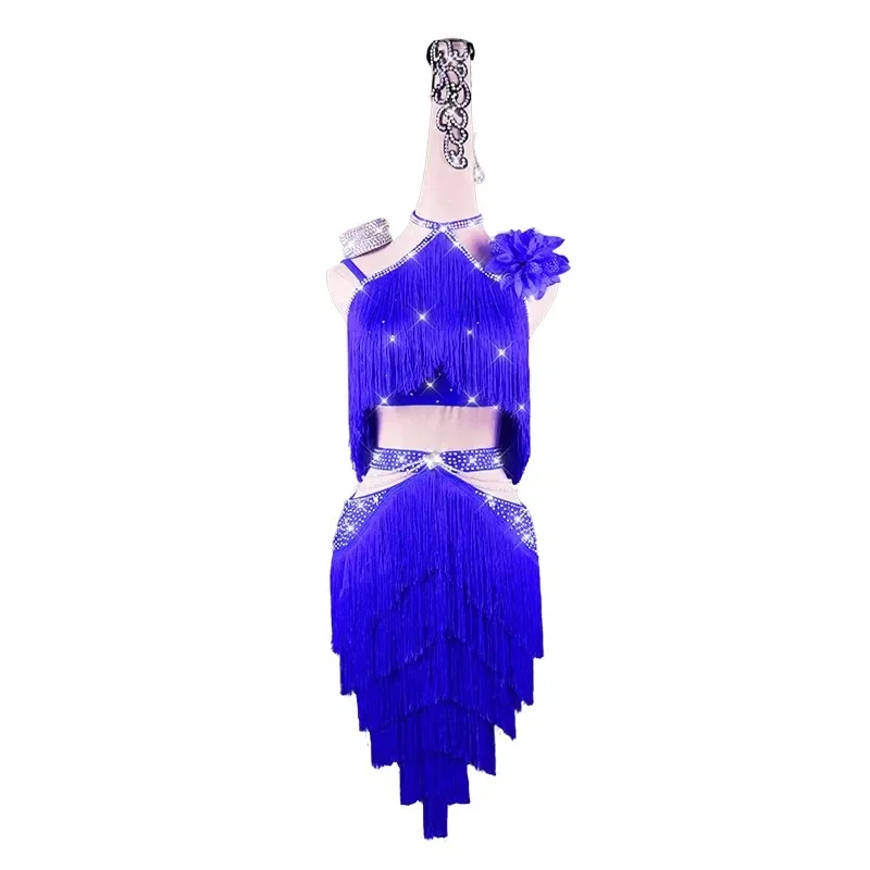 Vestido de baile latino azul para mujer, ropa Sexy de malla con tirantes y flecos, Cha, Samba, Rumba, Salsa, actuación