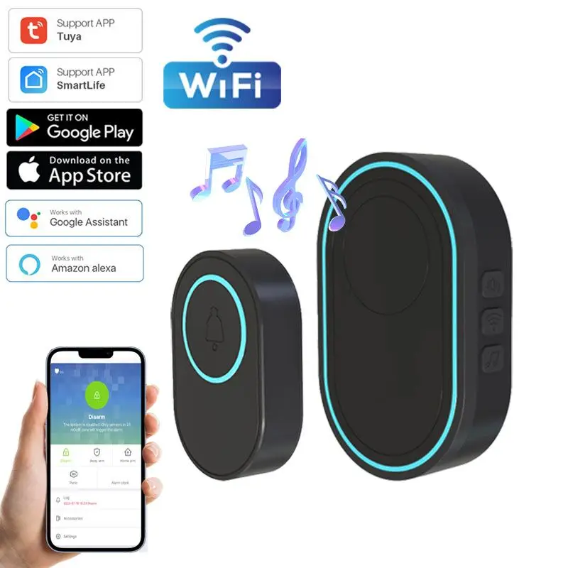 Wireless Doorbell Tuya App Intelligent Home Welcome Doorbell Waterproof Button LED Light 433MHz Security Alarm Smart Doorbell