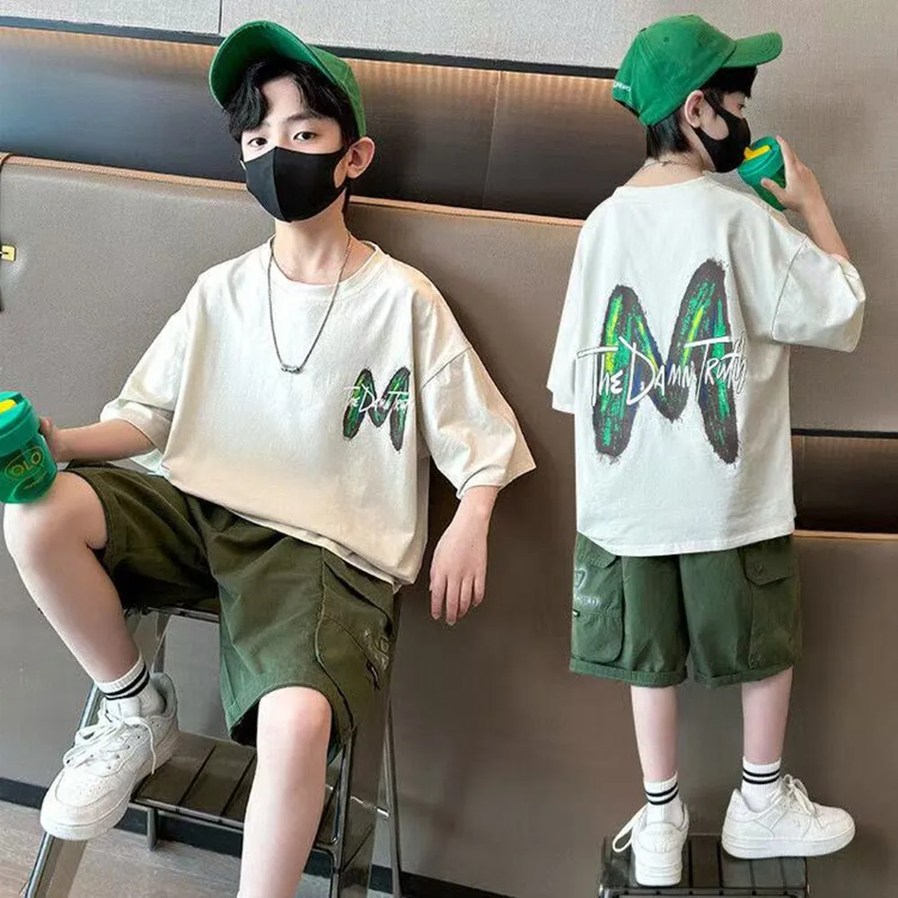 Korean Style Teenage Boys Girls Sport Wear Clothing Suit Short Sleeved Cotton Solid Color T-shirt+Shorts Children Tracksuit