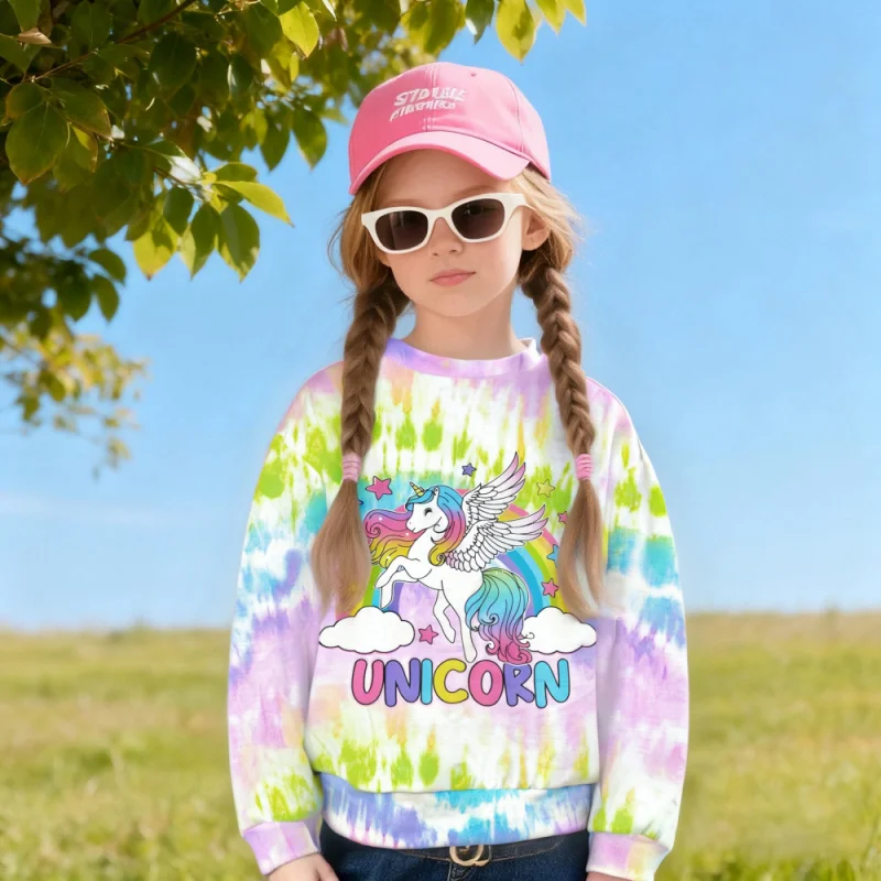 

Trendy Girls Tie Dye Sweatshirt - Rainbow Unicorn Graphic Print Long Sleeve Pullover | Cute Casual Kids Top