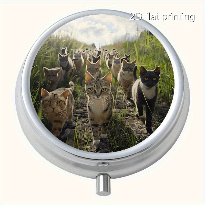 Round Metal Box with Cat Pattern Print, 3-Compartment Metal Box, Mini Portable Metal Box, Suitable for Travel, Outdoor Activities, or as a Portable Metal Case for Wallets or Bags, Decorative Jewelry and Earring Storage Box, Multifunctional Metal Box, Multi-Compartment Storage Box for Vitamins, Organizer Box, Suitable for Home Travel, Sealed and Moisture-Proof, Unique Small Gift Collection Box