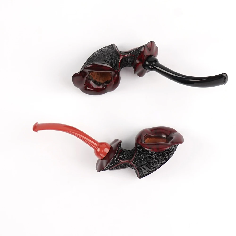 Women's Mini Carved Tobacco Pipe Flower-shaped Pipe with Black Background and Red Stripes Black Cumberland Stem