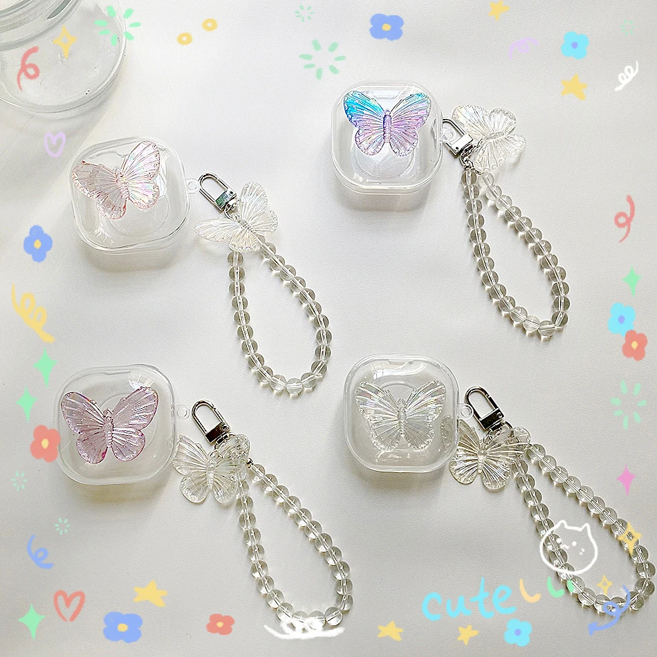 For Samsung Galaxy Buds 2 / Buds live / buds Pro Case Luxury Crystal Butterfly Keychain Shell Silicone Clear Earphone Cover