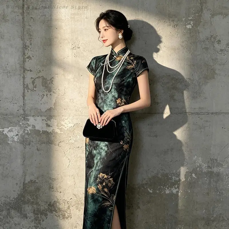 Long Modified Qipao Slim Figure-Flattering Chinese Style Daily Party Elegant National Trend Cheongsam Dress for Women