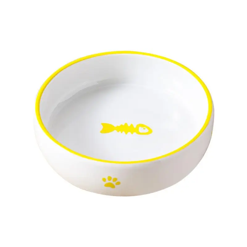 

Ceramic Pet Bowl Anti-Knock Dog Cat Food Dish Protective Cervical Spine Small Animal Drinking Bowl in Yellow Blue Black Pink