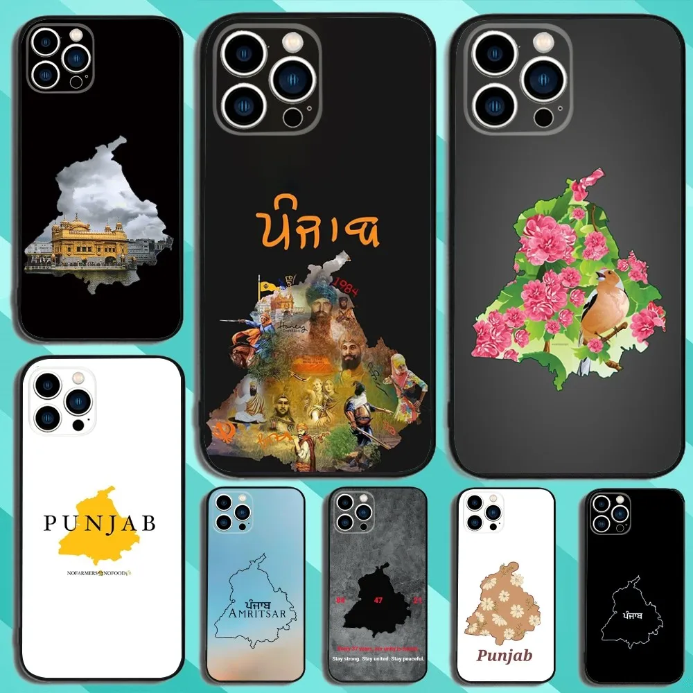 Painting Punjab Map Phone Case For iPhone 15,14,13,12,11,Plus,Pro Max,XS,X,XR,SE,Mini,8,7 Soft Silicone Black Cover