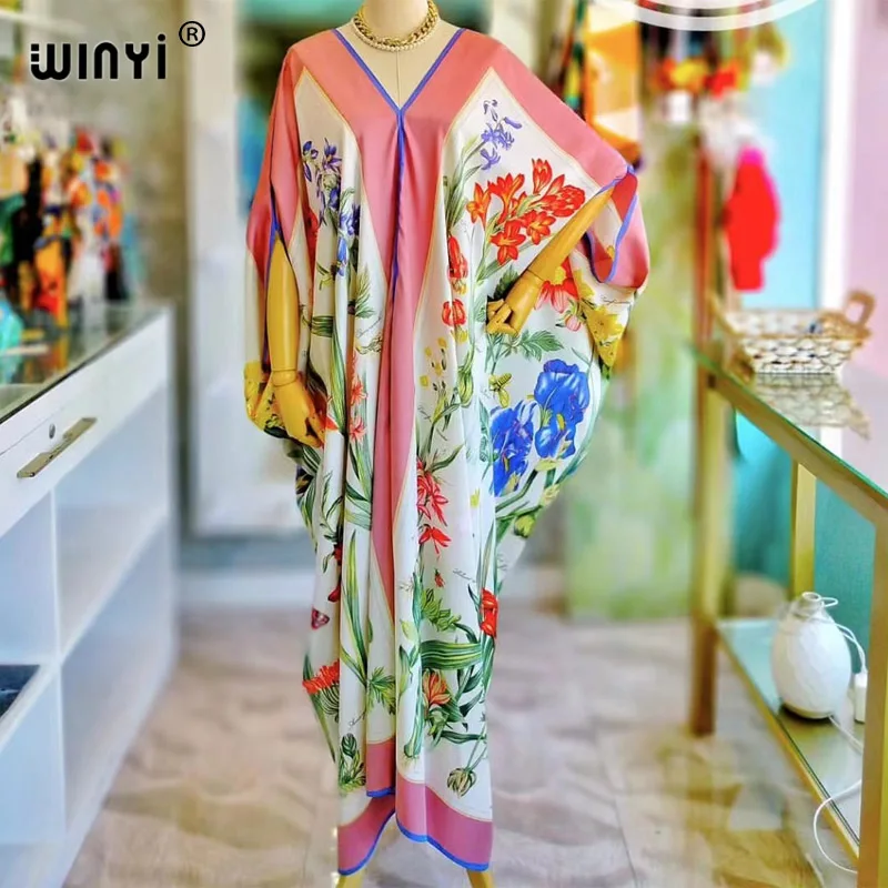 WINYI-damska afrykańska sukienka bez nadruków, długa sukienka, elegancki Kaftan, dekolt w szpic, długi rękaw, moda damska, sukienki plażowe, lato