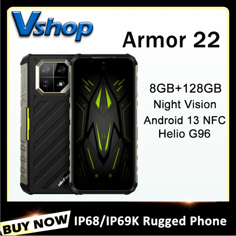 Ulefone Armor 22 8GB+128GB IP68/IP69K Rugged Phone Android 13 6.58“ MTK Helio G96 64MP 4G NFC Smartphone