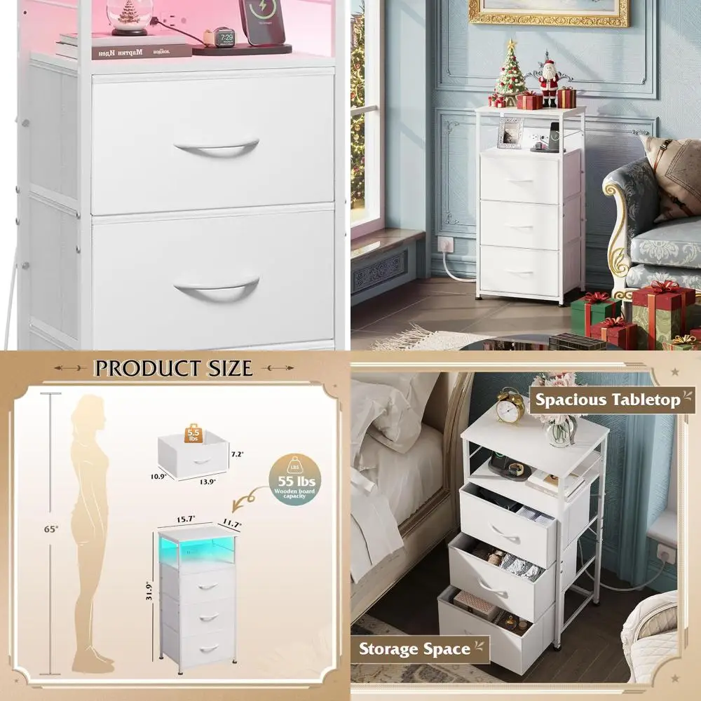 

White LED Nightstand with 3 Drawers, USB Charging & Outlets, Ideal for Dorms and Bedrooms