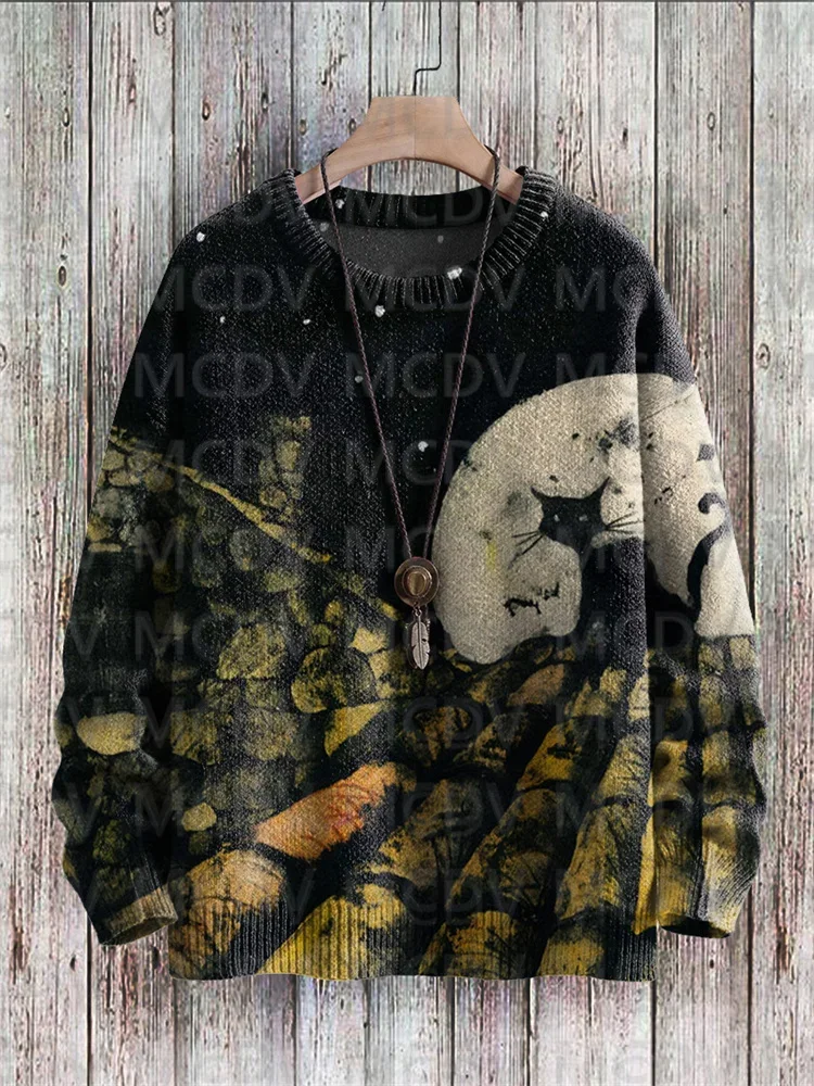 

Cat On The Roof At Night Print Casual Knit Pullover Sweater Men's For Women's Pullover