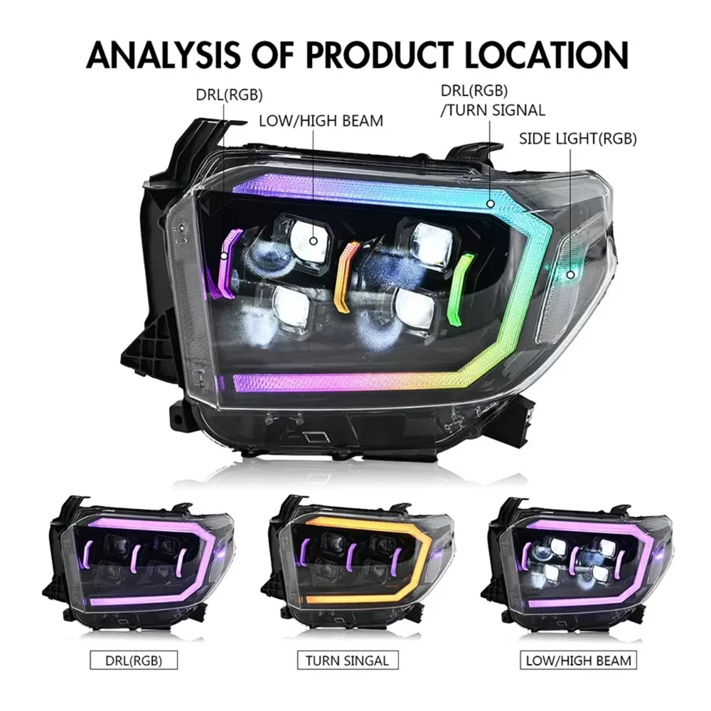 2 Pcs RGB Full LED Headlights For Toyota Tundra 2014-2021 Front Head Lamps Animation DRL Head Lights Auto Accessories