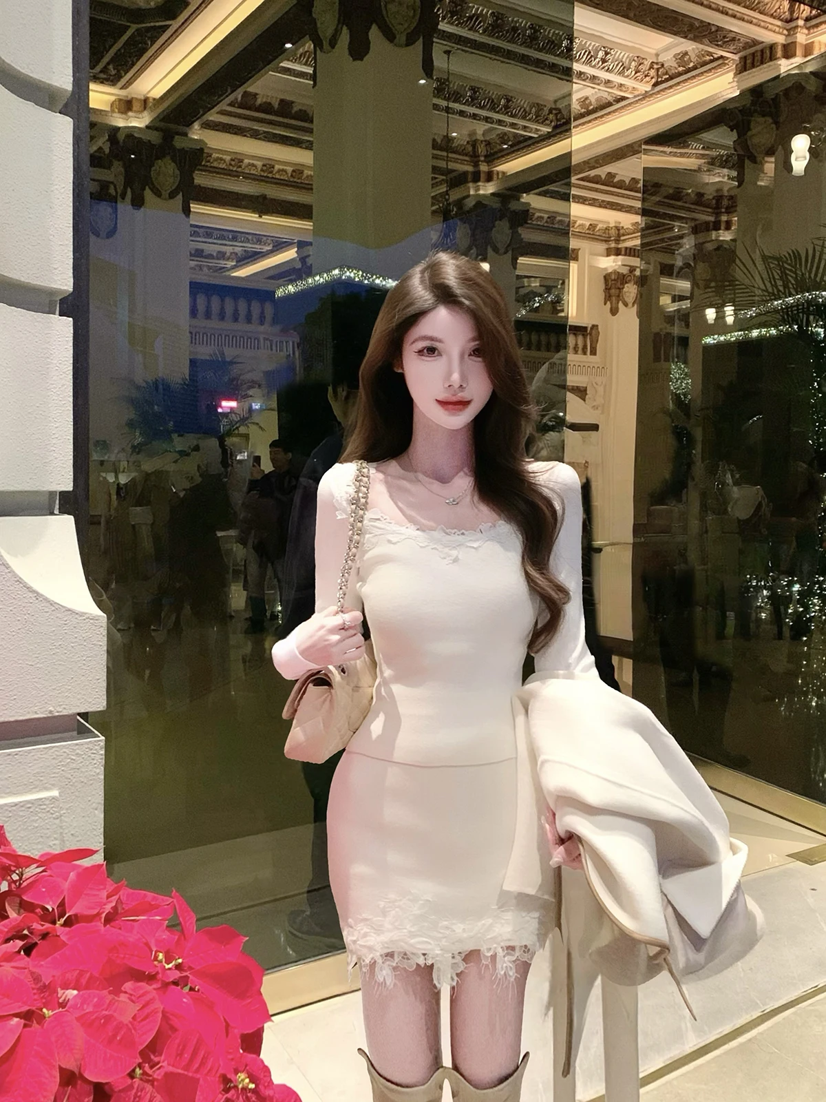 

Sexy Lace Trim Knitted Skirt Women's mid Waist High Elastici Ci Commute Suitable JustQin New 2025 Winter Faion