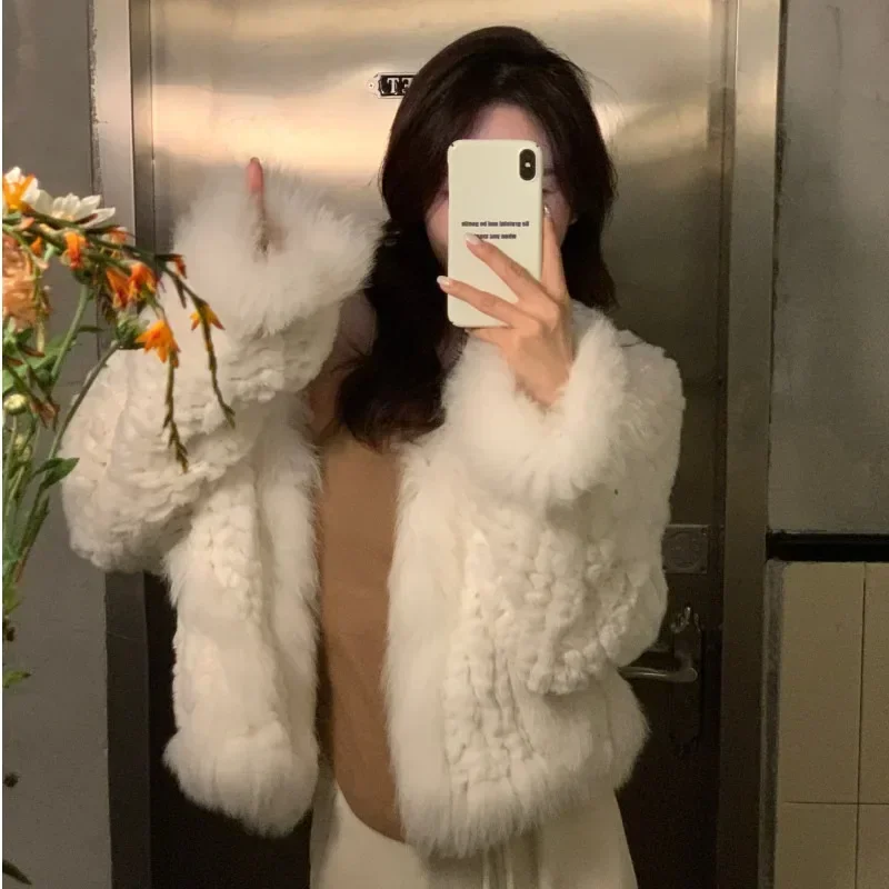 New Women Fur Coat Autumn Winter Knitted Shawl Natural Fox Collar Jacket Knitted Winter Real New Natural Rabbit Fur