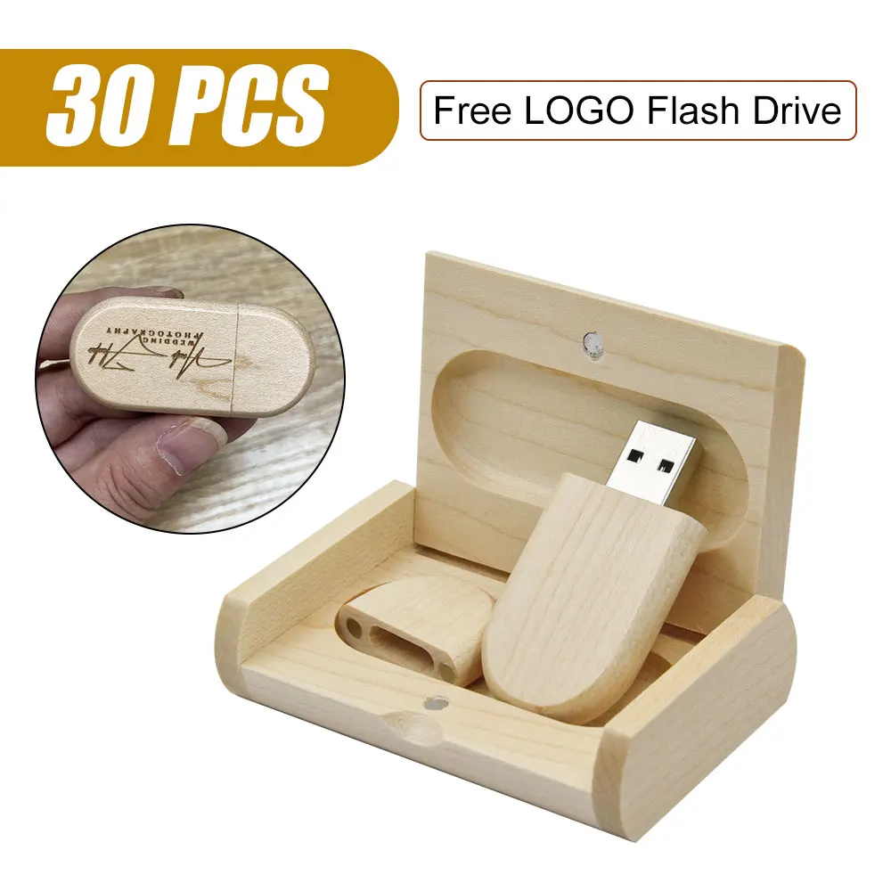 

30pcs/Lot (Free LOGO) USB Flash Drive maple Wooden with Box Pendrive 2.0 4GB 8GB 16GB 32GB 64GB Memory Stick BEST Wedding Gift