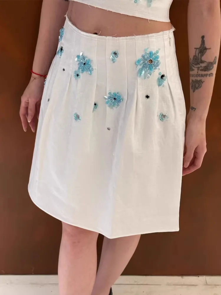 

Elegant Low-Waist Pleated Skirt for Women Shanghai Style Heavy Embellishment Versatile A-Line Skirt Ladies Fashion