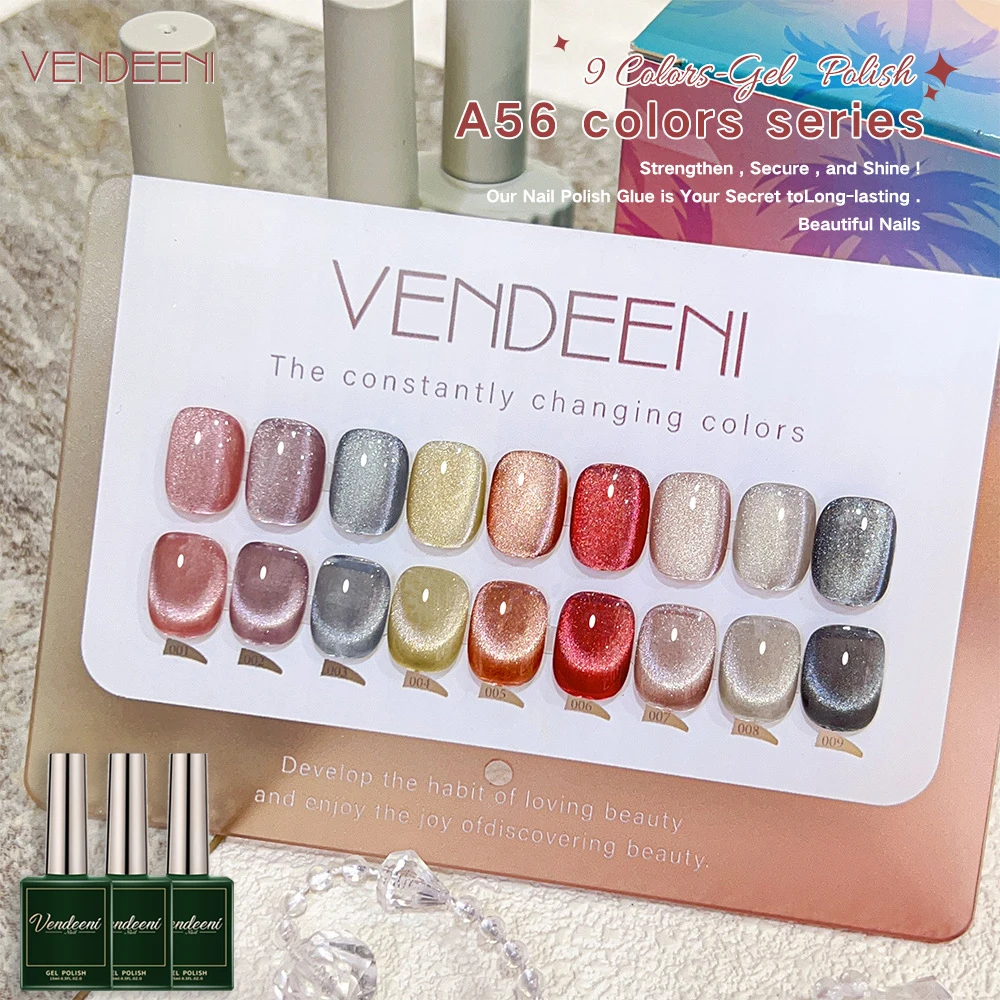 

Vendeeni 9 Colors/Set Crystal Cat Eye Gel Nail Polish Semi Permanent UV Soak Off Gel Varnish Magnetic Cat Eye Gel With Display