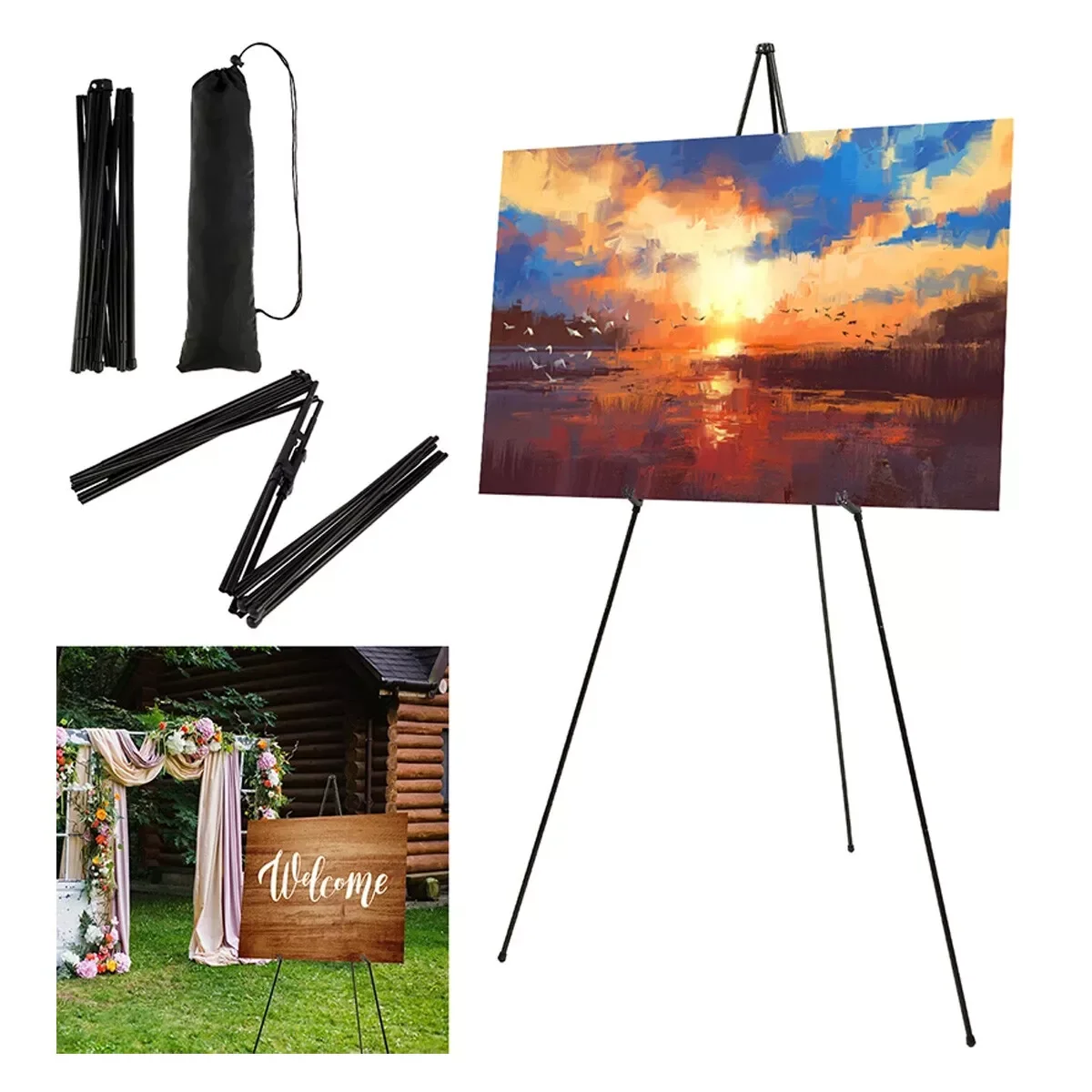 Wedding Sign&Poster Stand,160 cm,Portable Artist Easel,Metal,Black,Standing Up,Retractable,Adjust For Halloween,Christmas Gift