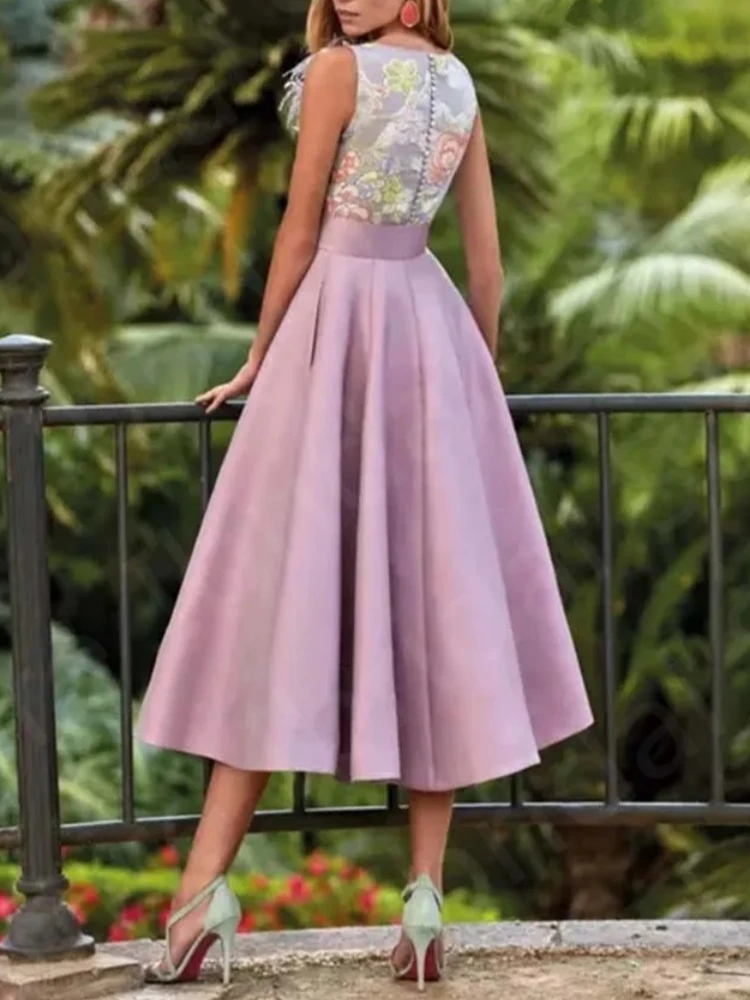 ヴィンテージライトパープルマザードレス茶丈のウェディングパーティードレスショートノースリーブ花嫁の母のドレスレースカスタマイズ