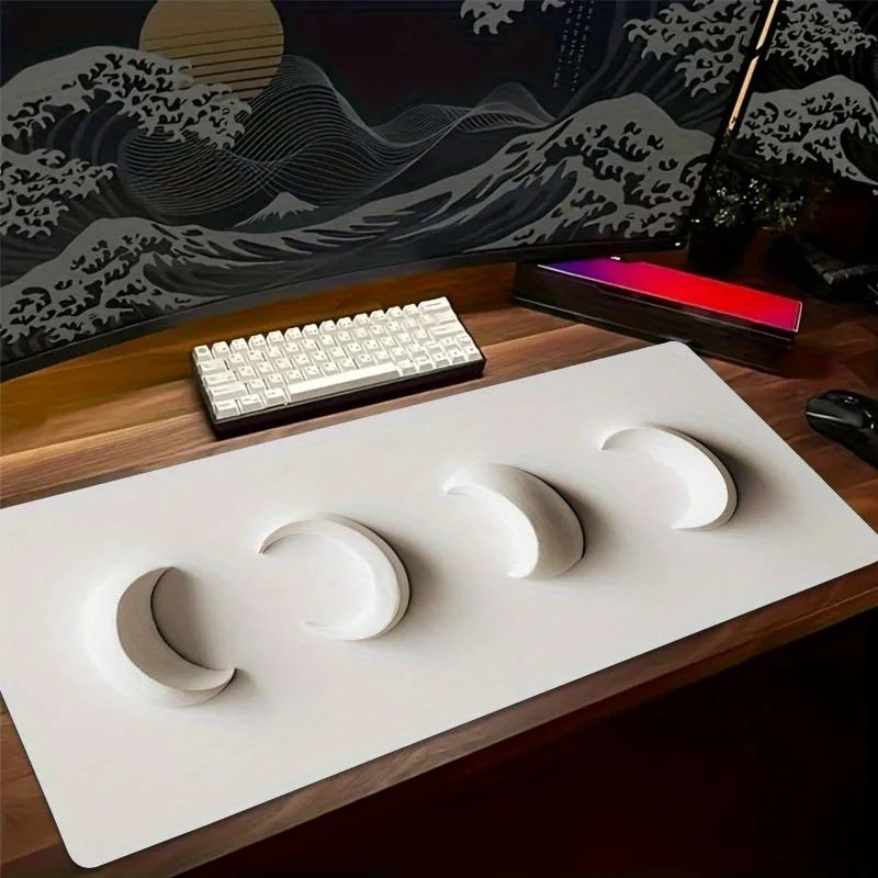 Moon Phase 3D Carved Desk Mat White Large Gaming Mouse Pad Non-Slip Rubber Base for Office Workstation