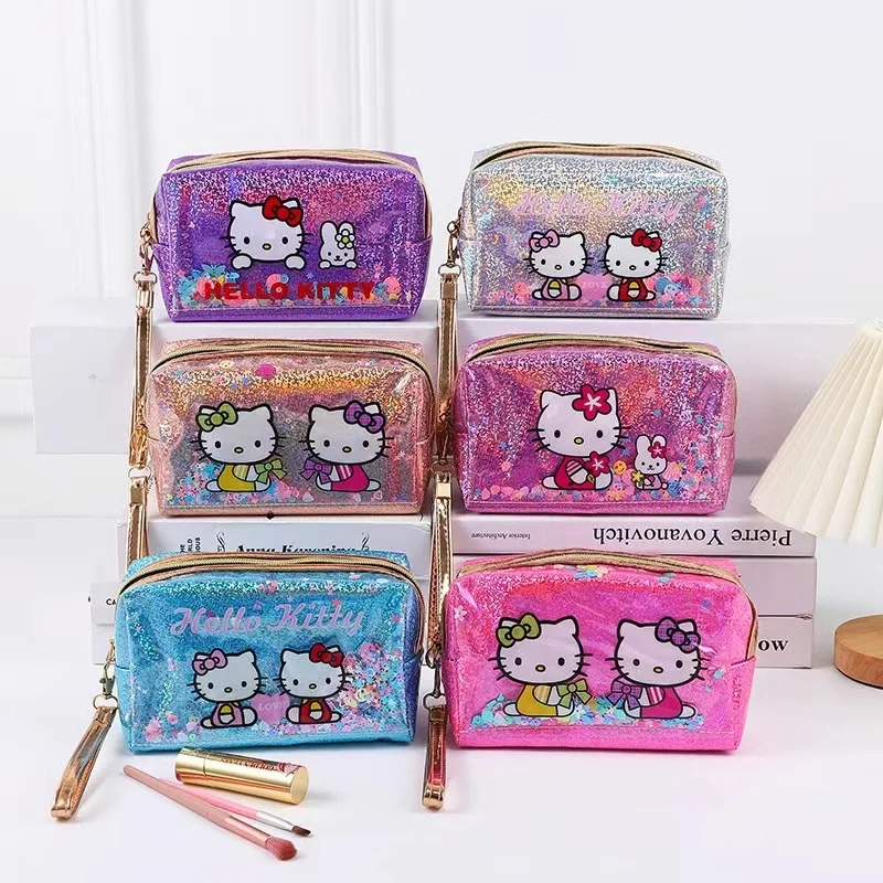 Hello Kitty Kawaii cekiny kosmetyczka Anime o dużej pojemności przenośna kreskówka kobiety makijaż etui do przechowywania artykułów piśmiennych piórnik