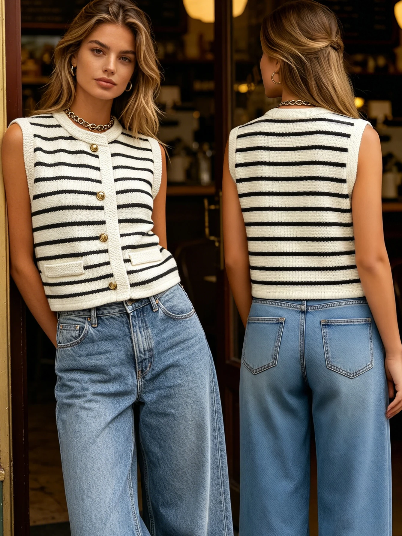 

2026 Spring Women's Striped Knit Vest Elegant French Style Sleeveless Cardigan High Quality Button Down Sweater Vest with Faux P